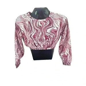 Womens Red White Marble Design‎ Crop Top Balloon Sleeve Size Medium M Midriff